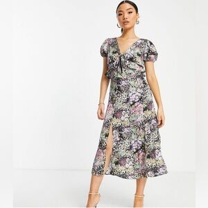 Topshop Floral V Neck Midi  Dress in Pink, Green and Black Bow Detail
